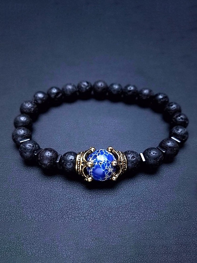 Bracciale da uomo in pietra naturale – design regolabile con perline e dettaglio a corona, disponibile in più colori, perfetto per l'abbigliamento casual e per le occasioni speciali del 2026 a $7.99 –P10