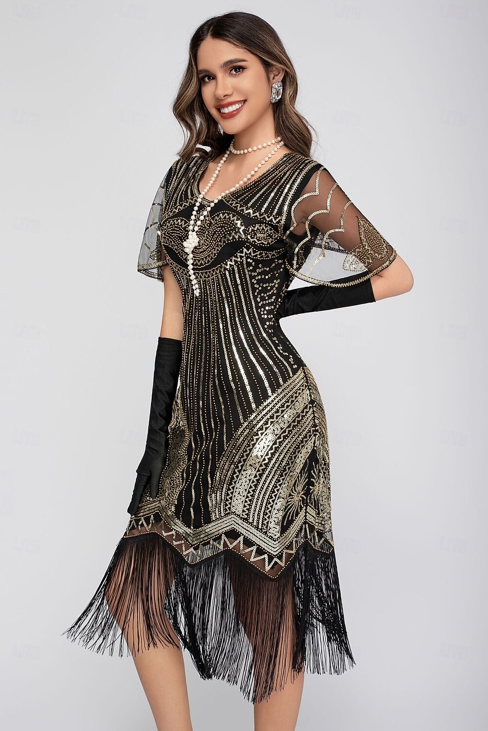 Goldene Zwanziger 1920er Knielang Flapper Kleid Kurze Ärmel Der große Gatsby Pailletten Fransen V Ausschnitt Kostüm Damen Weihnachten Karneval Flüsterkneipe Maskerade Retro-Mottoparty Erwachsene 2026 - $45.99 –P6