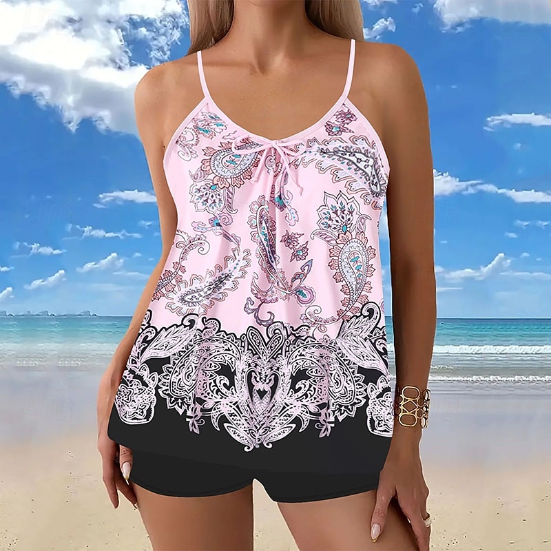 2026年 女性用 スイムウェア 2ピース ショーツ 水着 バックレス 旅行度假风 ビーチウェア フラワー グラフィック Ｕネック ノースリーブ 水着  コレクション – $28.99 –P5