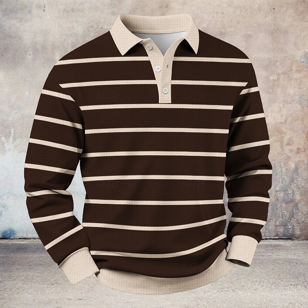Voor heren Horizontale stroken Wafel Poloshirts Rugbypolo Lange mouw Poloshirt Overhemden met kraag Casual Sport Alledaagse kleding Knop Lente Herfst Winter blauw Zwart Bruin 2026 - $28.99 –P4
