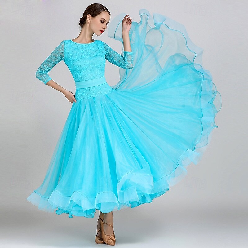 Abito da allenamento per ballo da sala da donna, elegante, nero, con maniche in pizzo, scollo a barca, valzer, tango, rumba moderna del 2026 a $161.99 –P12