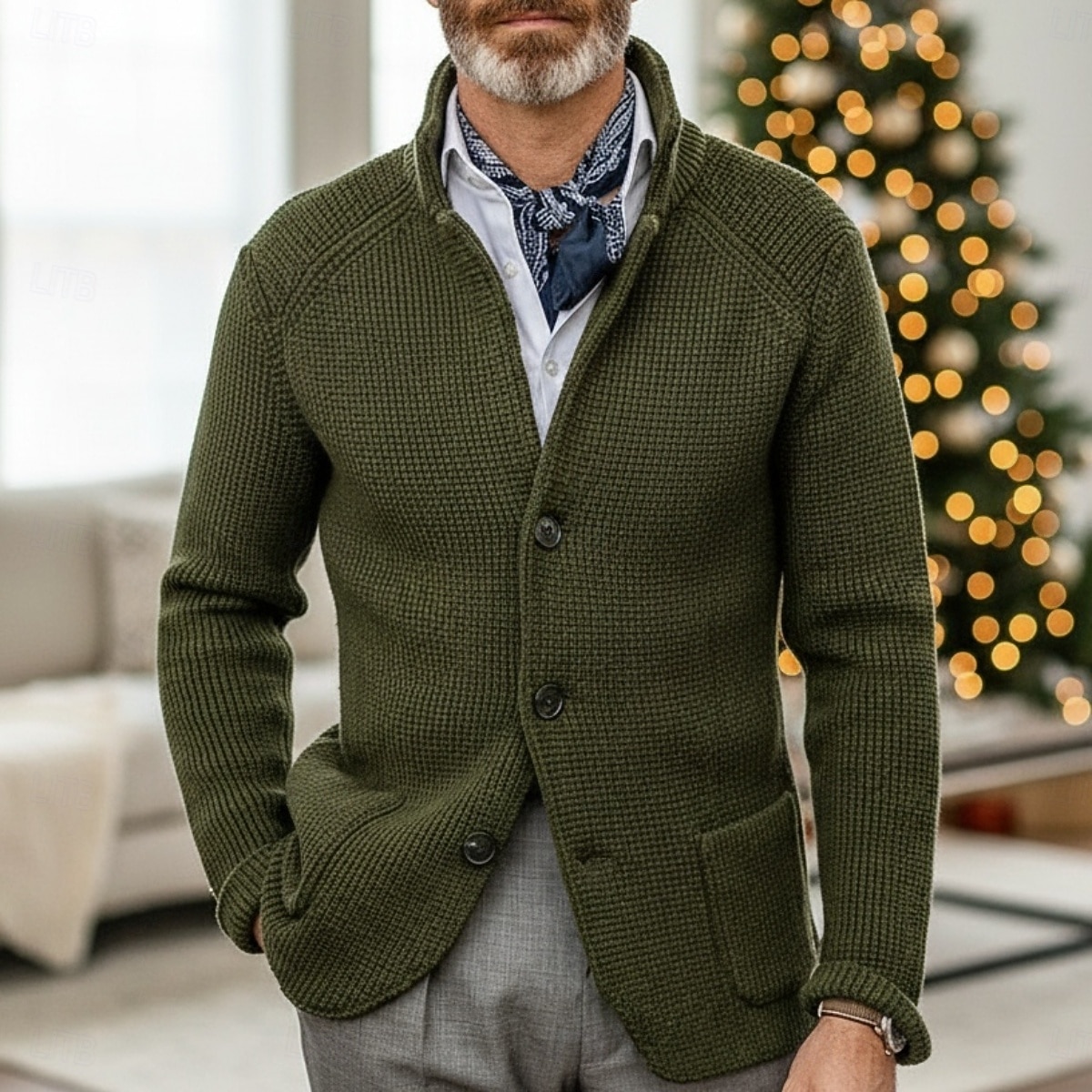 Herr Tröja Klänning tröja Cardigan Tröja Våffelstruktur Sticka Vanliga toppar Stickat Button-Down Hög krage Klassisk Ledigt Kläder Raglanärm Höst vinter Vår Blå Röd Brun XS S M 2026 - $39.99 –P9