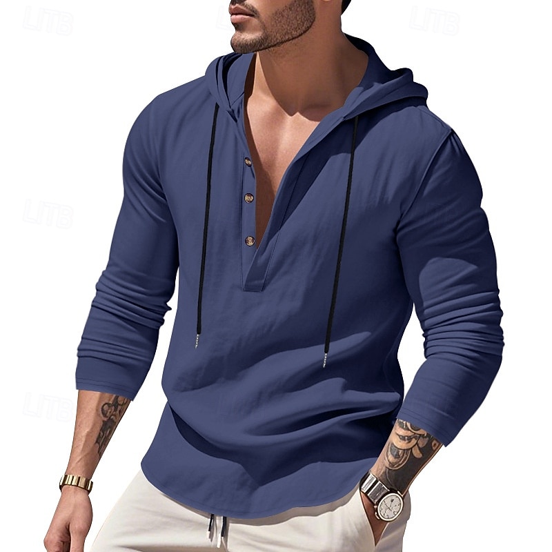 Men's Shirt Popover Shirt Summer Shirt Casual Shirt Beach Shirt Black White Yellow Navy Blue khaki Long Sleeve Solid Color Hooded Vacation Casual Drawstring Clothing Apparel Fashion Casual Comfortable 2026 - $28.99 –P5