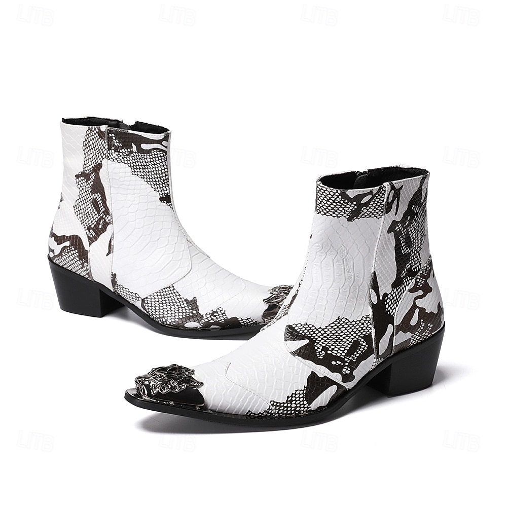 Botas masculinas em couro legítimo preto e branco com estampa exclusiva - calçado moderno para homens antenados em moda e para ocasiões casuais. de 2026 por $159.99 –P5