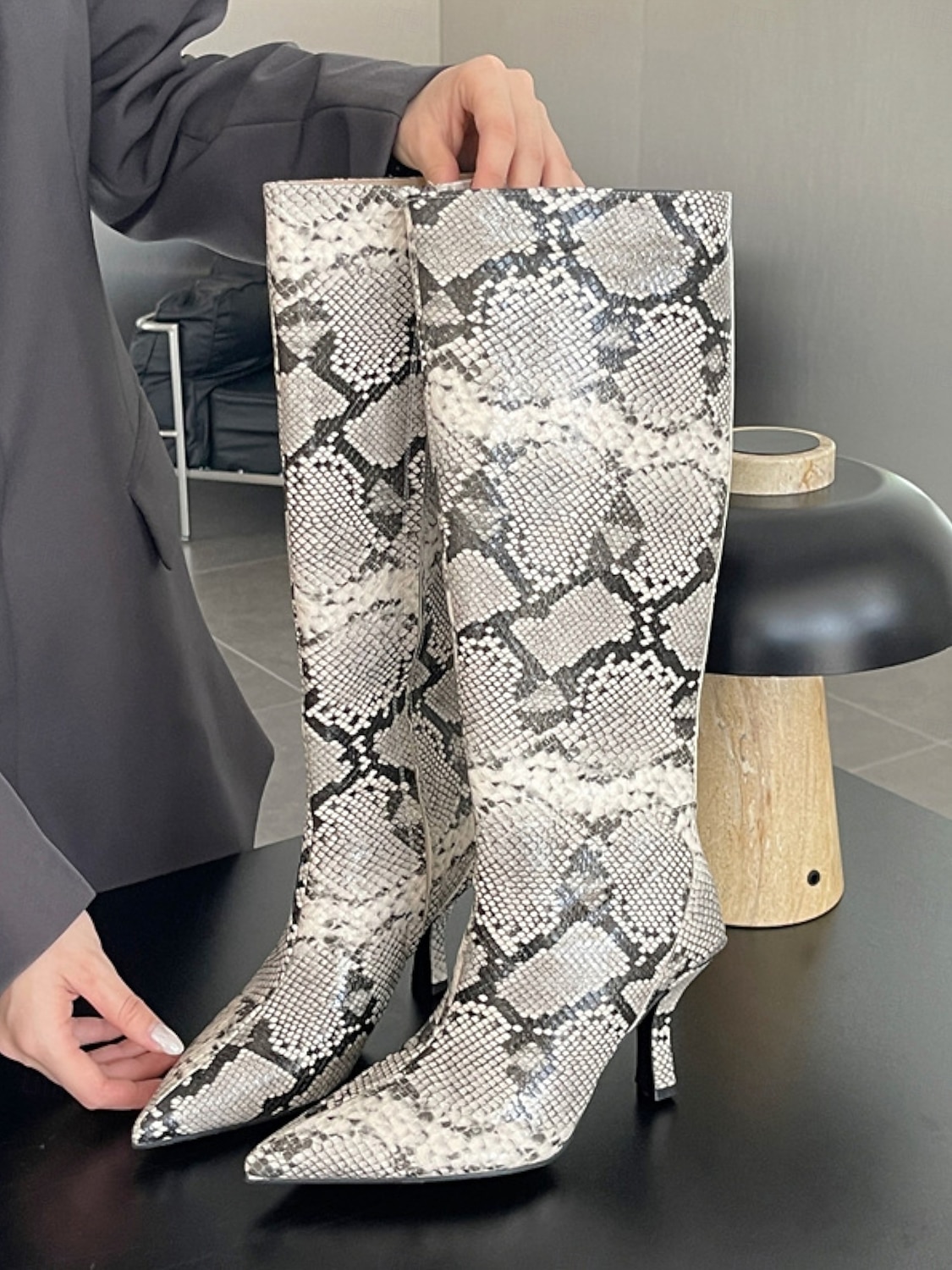 Women's Snakeskin Print Knee-High Boots, Pointed Toe, Kitten Heel Boots for Casual and Night Out Styling 2025 - $64.99 –P1