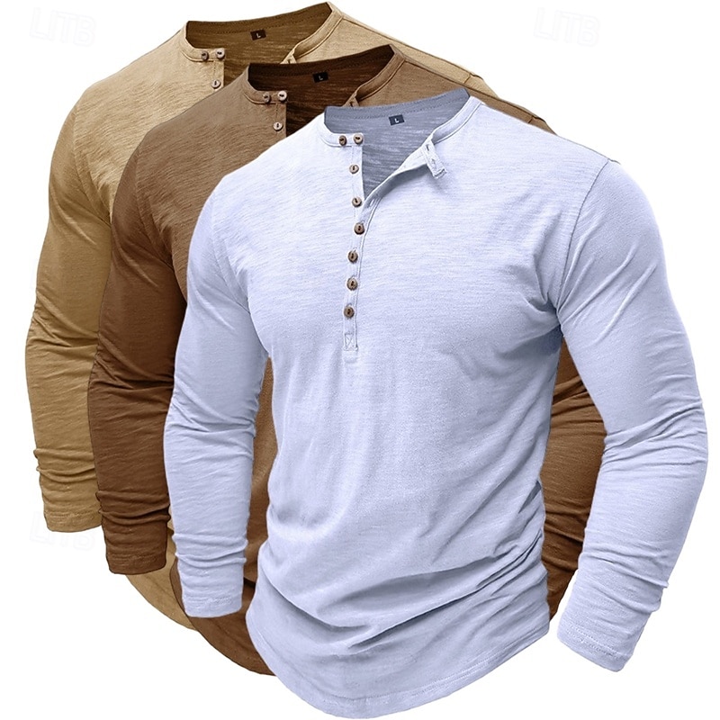 3er-Pack Henley-Shirts für Herren, langärmlig, einfarbig, modisch, lässig, für Alltag und Freizeit, 3er-Pack, Henley-Shirts in Blau, Weiß und Schwarz, ideal für Sommer und Frühling, 2026 - $62.99 –P7