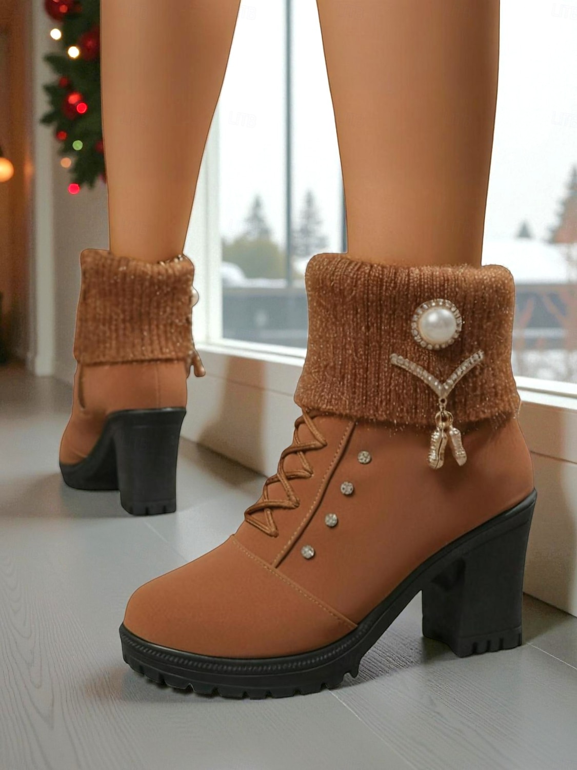 Botas femininas marrons de cano curto com salto alto – botas de inverno de couro sintético com cadarço, punhos de tricô e detalhes em pérola, perfeitas para o Natal e looks do dia a dia. de 2026 por $34.99 –P2