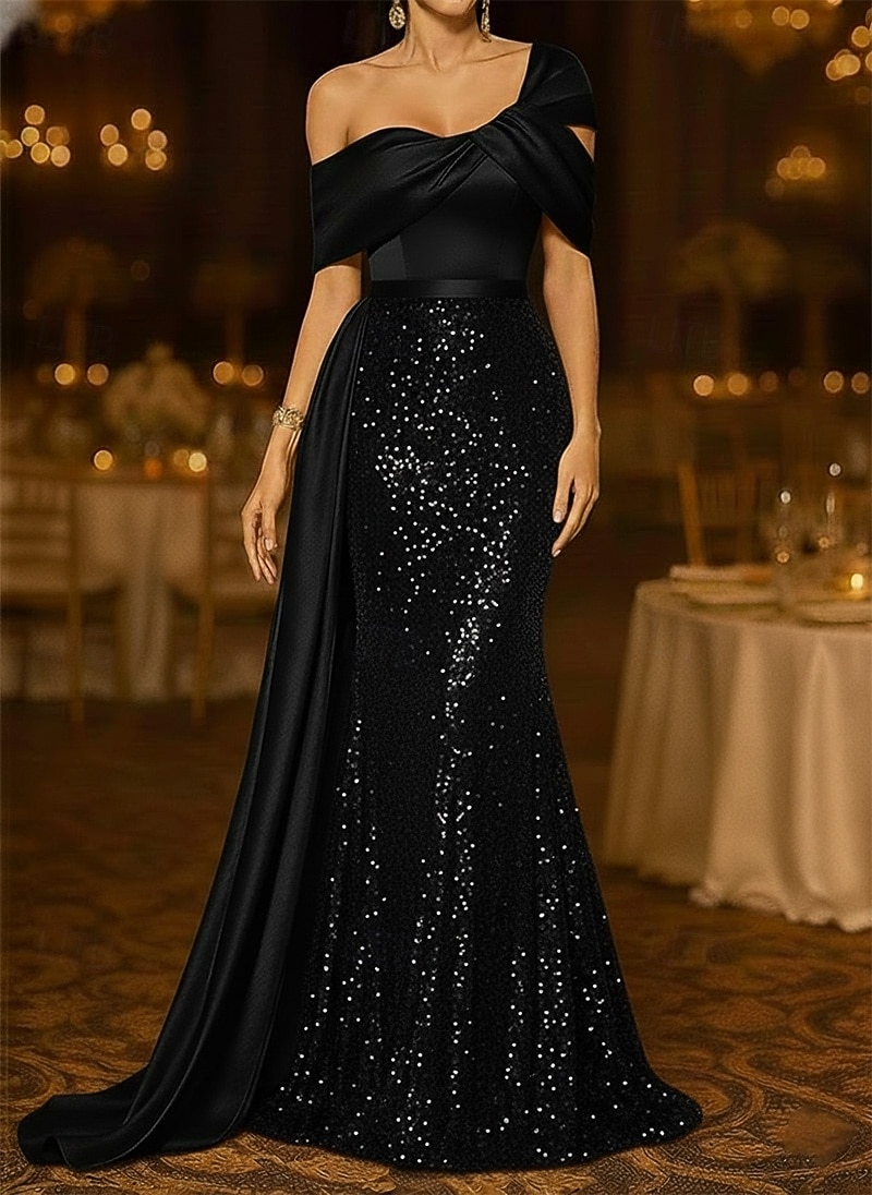 Mermaid Trumpet Sweep Brush Train Evening Gown Ball Gown with Overskirt Formal Dress Elegant Glittering Sparkle Sleeveless Off Shoulder Wedding Formal Satin Sequined with Glitter Pleats 2026 - $183.99 –P6