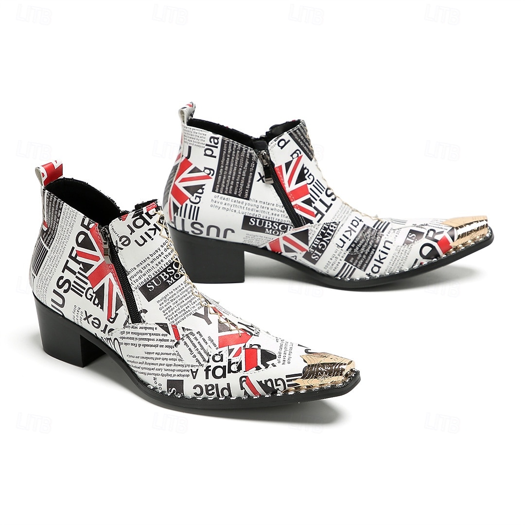 Miesten sanomalehtikuvioiset nilkkurit - ainutlaatuinen nahkamuotoilu rohkeilla kuvioilla, täydellinen katutyyliin ja rentoon kokoontumiseen 2025 - $139.99 –P4