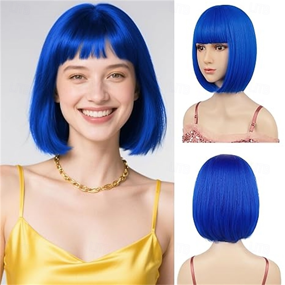 Peruca de Carnaval 2026 Vermelho Azul Branco Liso Bob Curto Peruca sintética para festivais Mardi Gras Parada Cabelo para fantasia de cosplay para Feminino de 2026 por $21.99 –P6