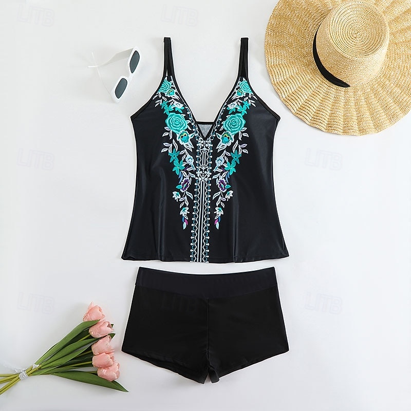 Жен. Купальники 2 шт. Шорты купальник Открытая спина Отпуск Одежда для пляжа Цветочный принт Графика V-образный вырез Без рукавов Купальники 2026 - $26.99 –P8