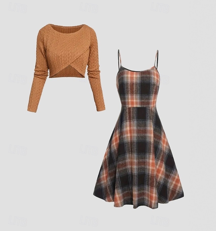 Femmes Robe Midi Robe trapèze Occasionnel Boho Quotidien Coupe régulière Plaid manche longue Col ras du cou Orange Printemps Automne Hiver de 2026 ? €46.99 –P4