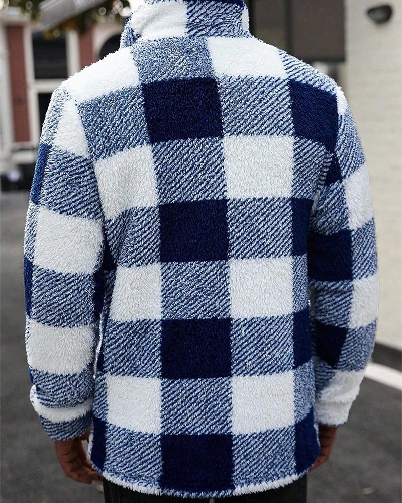 Муж. Толстовка Флисовая толстовка Флисовая жилетка Синий Хаки Воротник-стойка В клетку Карман Для занятий спортом Повседневные Праздники Полиэстер Уличный стиль Классический На каждый день Осень Зима 2026 - $50.99 –P7