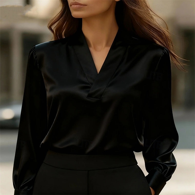 Damen Hemd Elegant Satin-Top Bluse Gerafft Patchwork Drapiert Einfach Elegant Vintage Niedlich Langarm V Ausschnitt Normale Oberteile Täglich Arbeit Ferien Schwarz Weiß Rosa Khaki Herbst Winter 2026 - $26.99 –P1