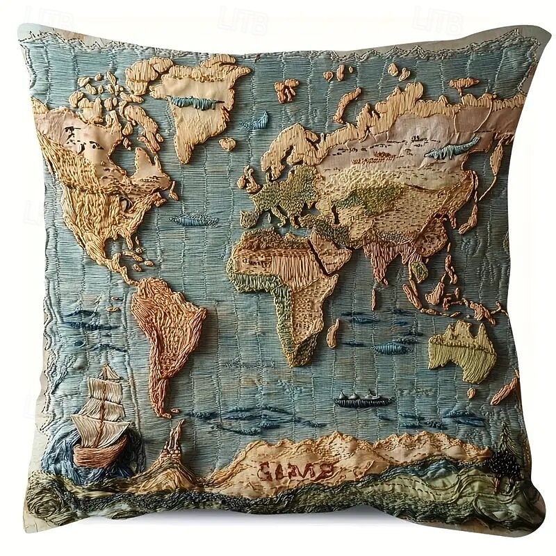כיסוי כרית מפת עולם וינטג' עם הדפס שטוח דו-ממדי עיצוב חד-צדדי הכולל מפת חקר העולם הישן כיסוי כרית דקורטיבי לספה עיצוב הבית 2026 - $9.99 –P5