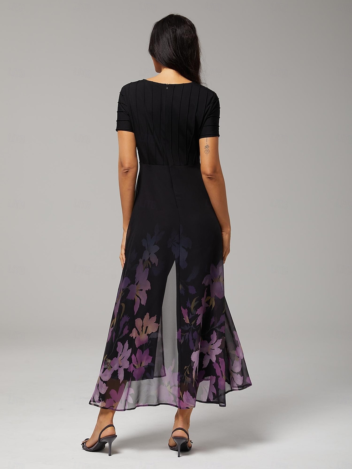 damejumpsuit svart tencel chiffon gradient paneled imitert todelt flagrende gjennomsiktig stretch blomstertrykk v-hals fest ferie vår sommer 2026 - $28.49 –P11