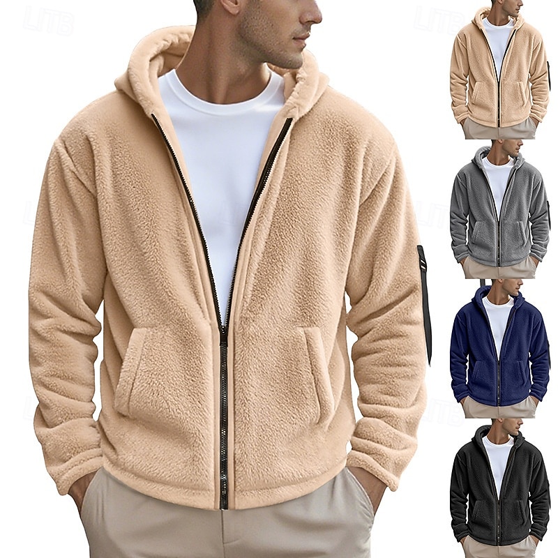 Men's Winter Coat Teddy Coat Casual Jacket Outdoor Casual Thermal Warm Pocket Full Zip Fall Winter Plaid Streetwear Sports & Outdoors Hooded Regular Dark Gray Black Navy Blue Khaki Jacket 2026 - $33.99 –P1