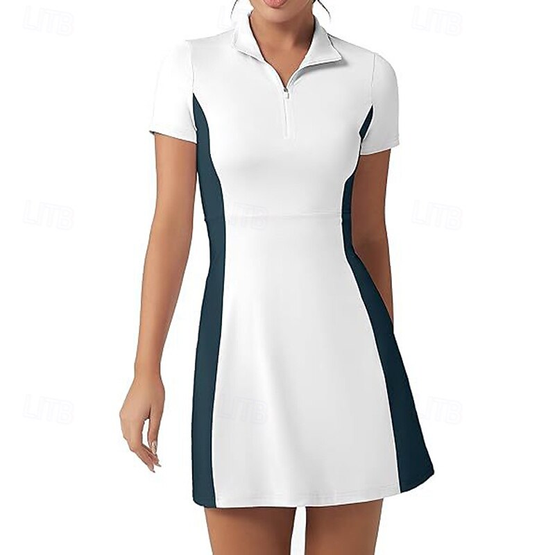 Damskie Kolorowy blok Sukienka do tenisa Sukienka sportowa Szybkie wysychanie Elastyczny Oddychający Bransoletka tenisowa Obuwie sportowe Bieganie Kołnierz zapinany na zamek Sukienka Czarny Biały 2026 - $27.99 –P6