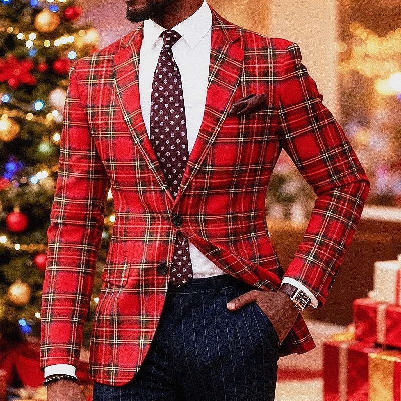 Pánské Blejzr Vánoční sako Vánoce Obchod Koktejlový večírek Módní Na běžné nošení Jaro Podzim Polyester Pléd Kapsy Knoflíky Pohodlné Jednořadé Blejzr Tmavě červená Rubínově červená 2025 - $58.99 –P2