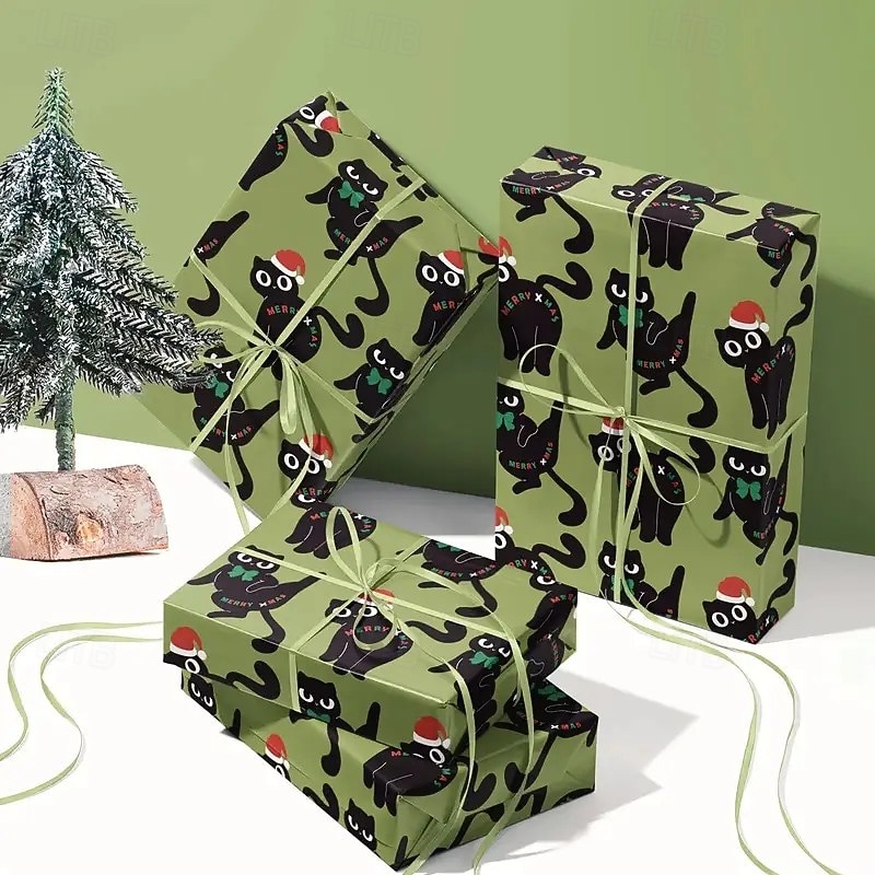 2025年 クリスマスラッピングペーパー1ロール、緑の背景にサンタの帽子とリボン、黒猫のデザイン - ギフト包装、ホリデーデコレーション、パーティーの雰囲気作りに最適 &テーマイベント - 43cm 500  コレクション – $17.99 –P2