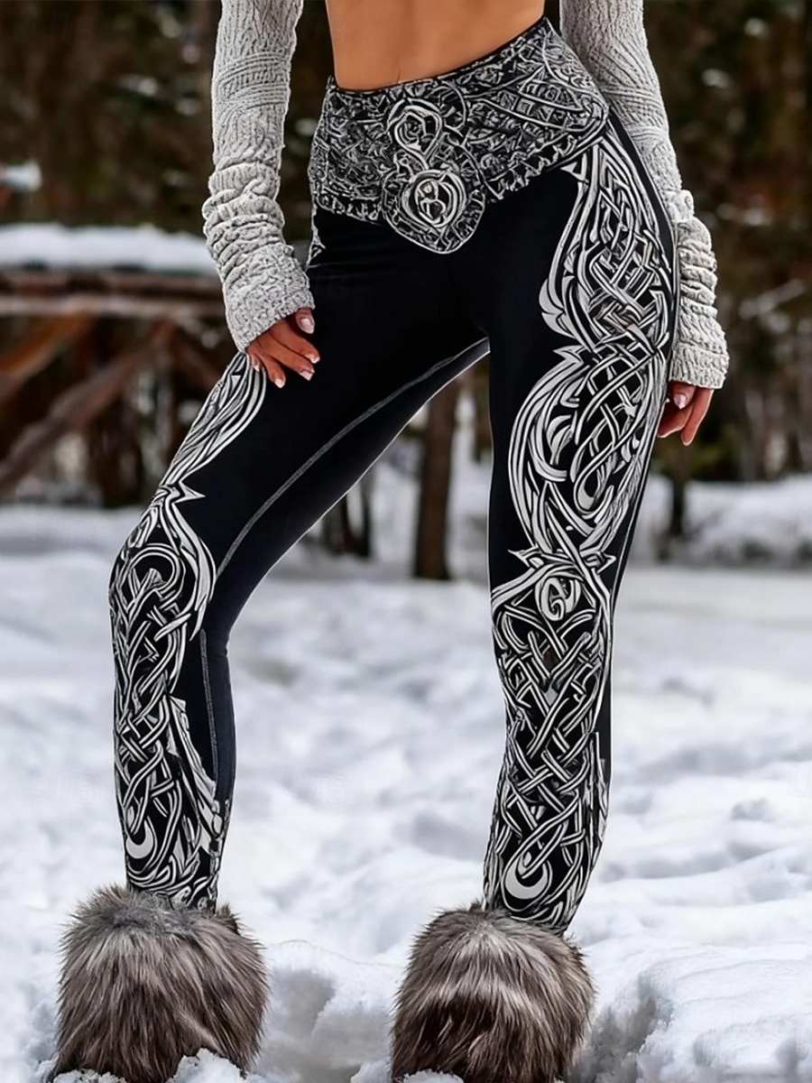 Women's Viking Boho Leggings Vacation Vintage Ethnic Style Full Length High Waist Graphic Abstract 3D Print Quick Dry Breathability Soft Stretchy Outdoor Vacation Home Black Fall Winter Regular Fit 2025 - $19.99 –P1