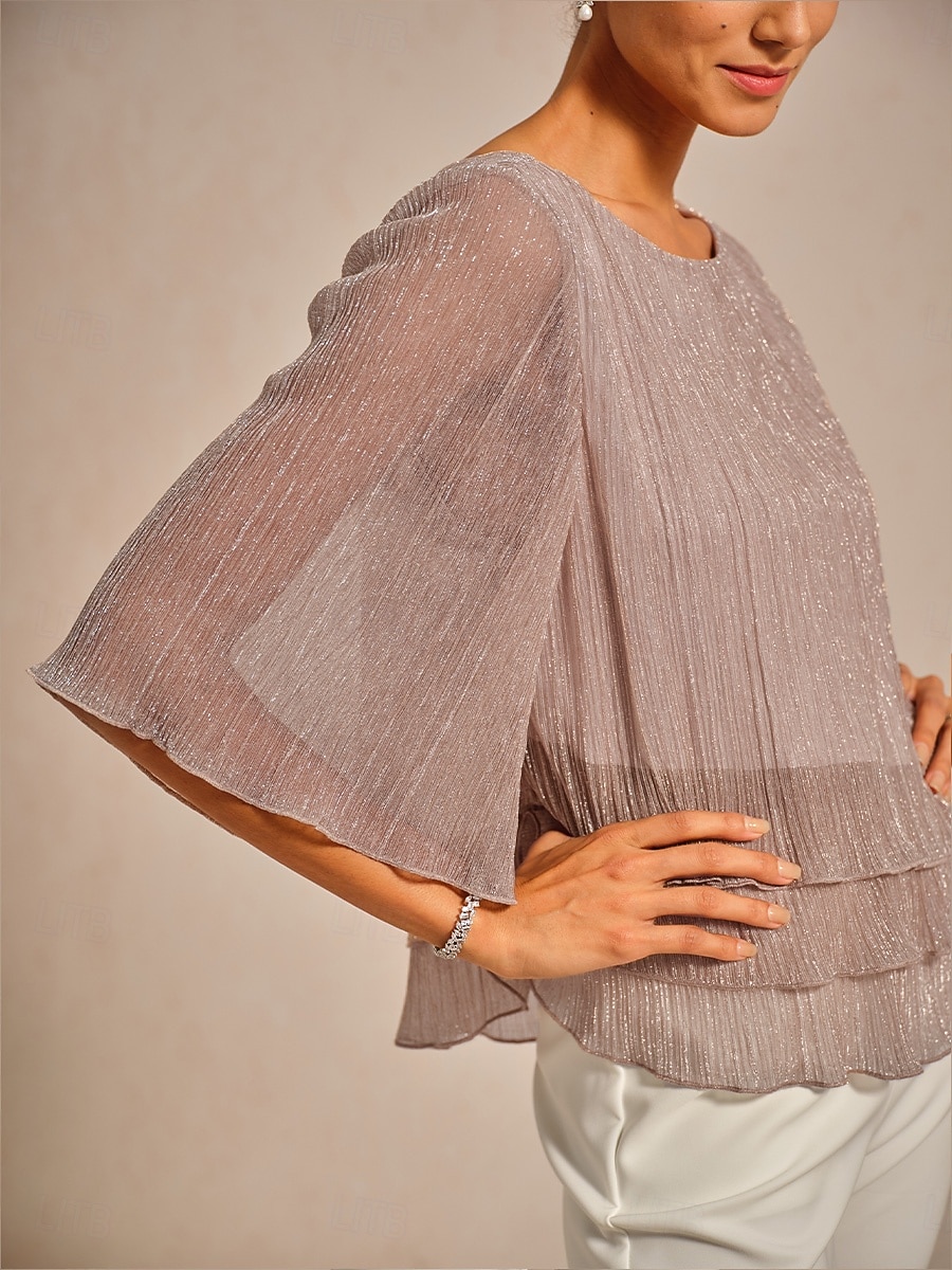 Dames Blouse Chiffon-topjes Kanten topjes Met ruches Schitteren Effen Kleur Elegant 3/4 mouw Strakke ronde hals Bruiloft gast Feestdagen Blozend Roze Zomer Lente Herfst 2026 - $59.99 –P2