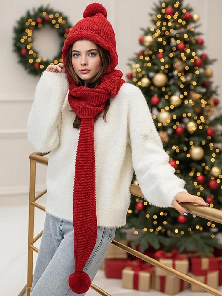 وشاح نسائي محبوك بغطاء للرأس لعيد الميلاد - مبطن بالصوف المريح، مع تفاصيل بوم بوم، وخيارات متعددة الألوان لأزياء الشتاء، مثالي كهدية في العطلات والأنشطة الخارجية 2026 - $14.99 –P5