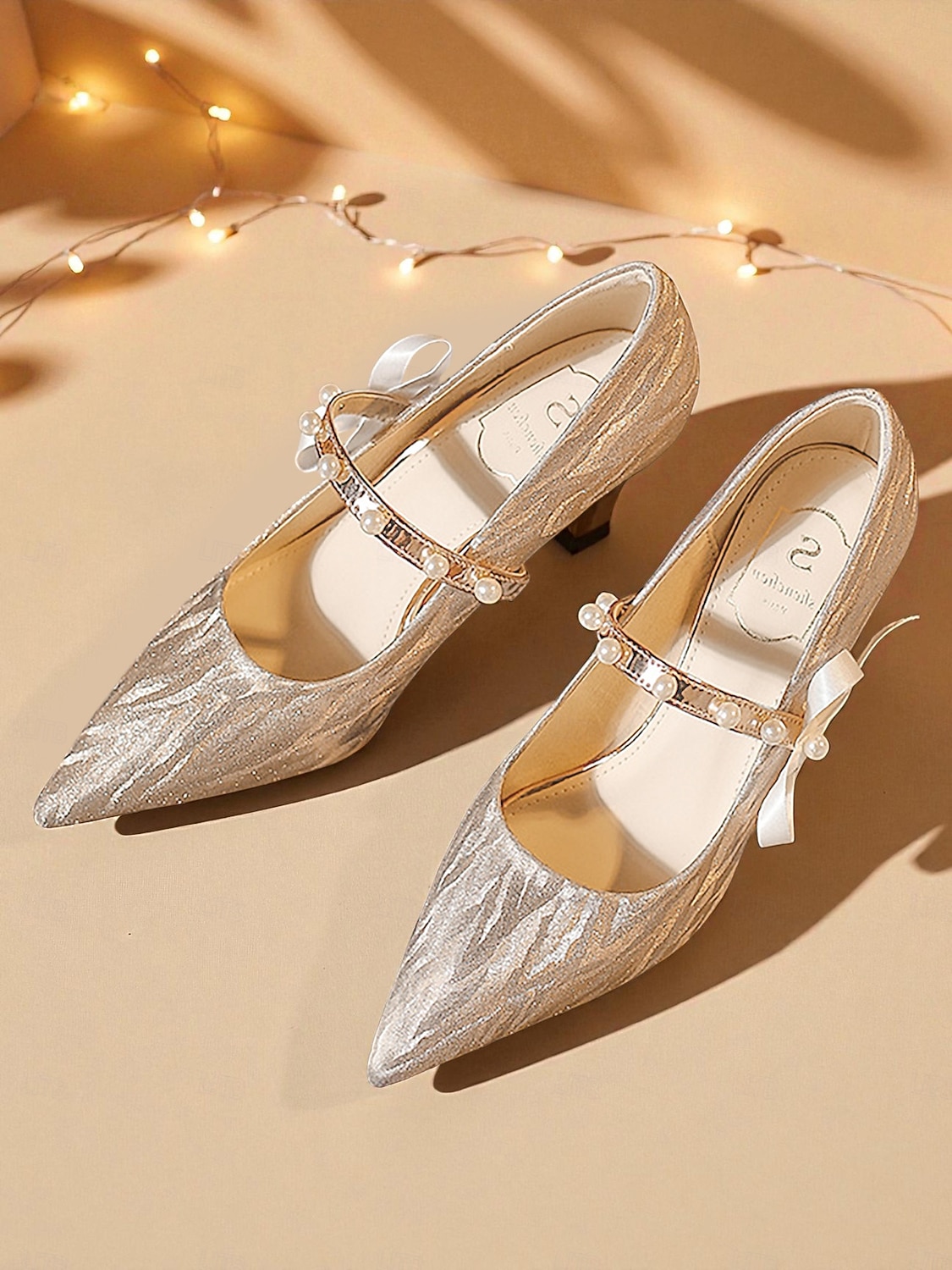 Scarpe con tacco da donna con cinturino in perle glitterate color argento - eleganti décolleté con punta a punta e fiocco per spose e cerimonie formali del 2025 a $54.99 –P5