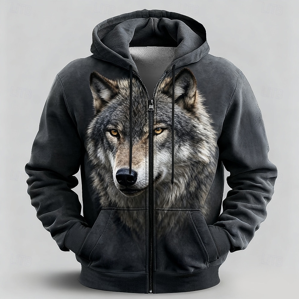 Herren Wolf 3D Kapuzensweatshirt Jacke Pullover Fantasie Allover-Druck Langarm Reißverschluss Streetwear Urlaub Ausgehen Schwarz Khaki Dunkelgray Reißverschluss Herbst Winter Designer S M L XL XXL 2026 - $30.99 –P1