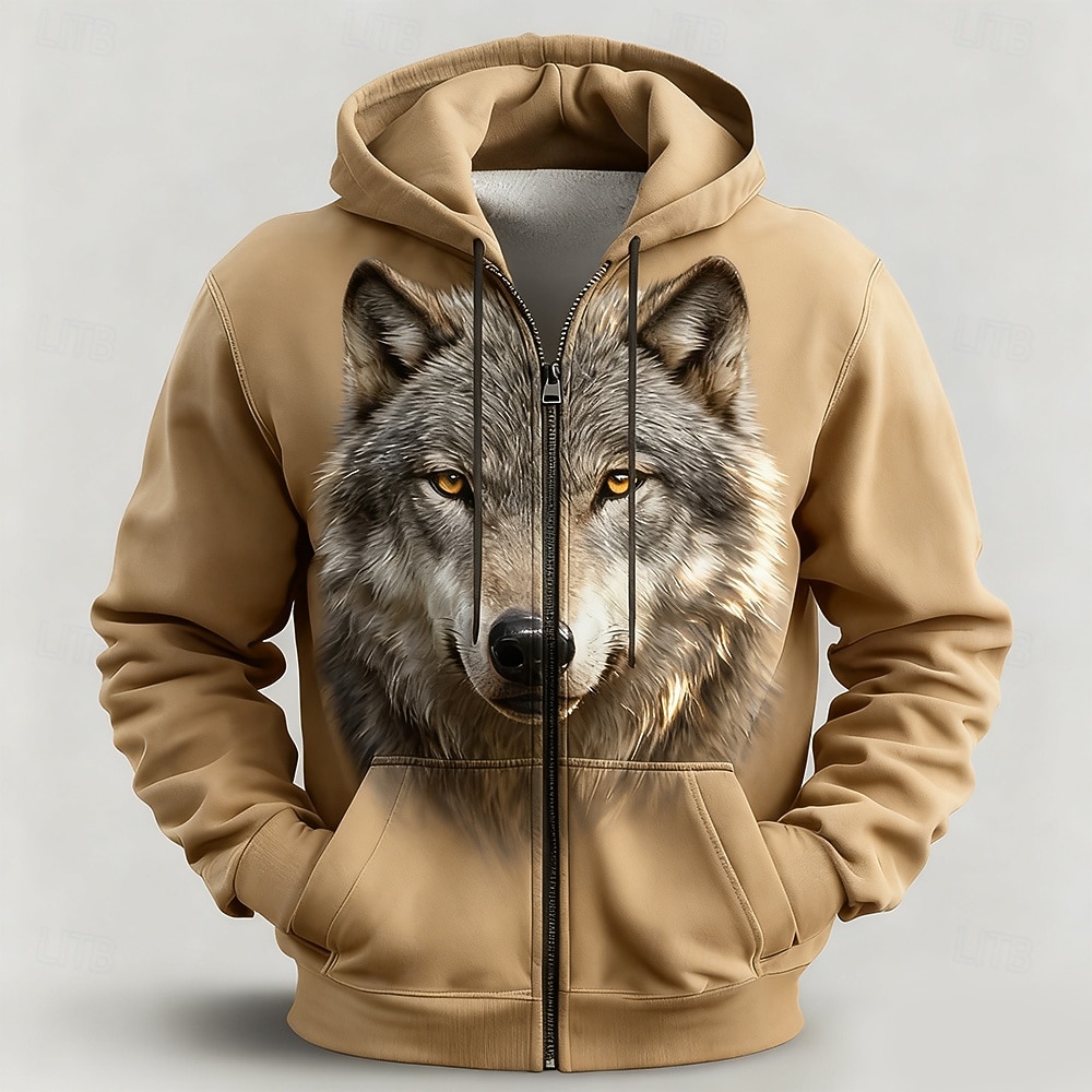 Herren Wolf 3D Kapuzensweatshirt Jacke Pullover Fantasie Allover-Druck Langarm Reißverschluss Streetwear Urlaub Ausgehen Schwarz Khaki Dunkelgray Reißverschluss Herbst Winter Designer S M L XL XXL 2026 - $30.99 –P3
