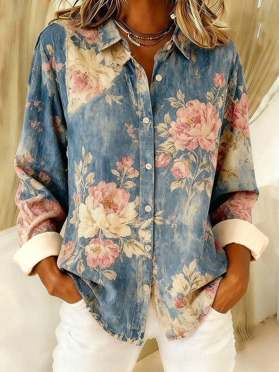 Women's Shirt Buttons Print Floral Bohemia Casual Long Sleeve Shirt Collar Crop Tops Daily Blue Spring Fall Winter 2026 - $34.99 –P1