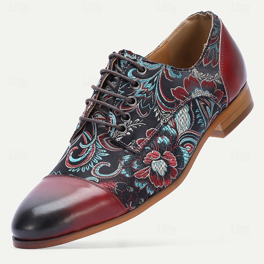 Men's Black Leather and Floral Pattern Lace-up Shoes - Fashion-forward Footwear for Semi-formal Gatherings, Evening Parties and Trendy Casual Wear 2026 - $94.99 –P6