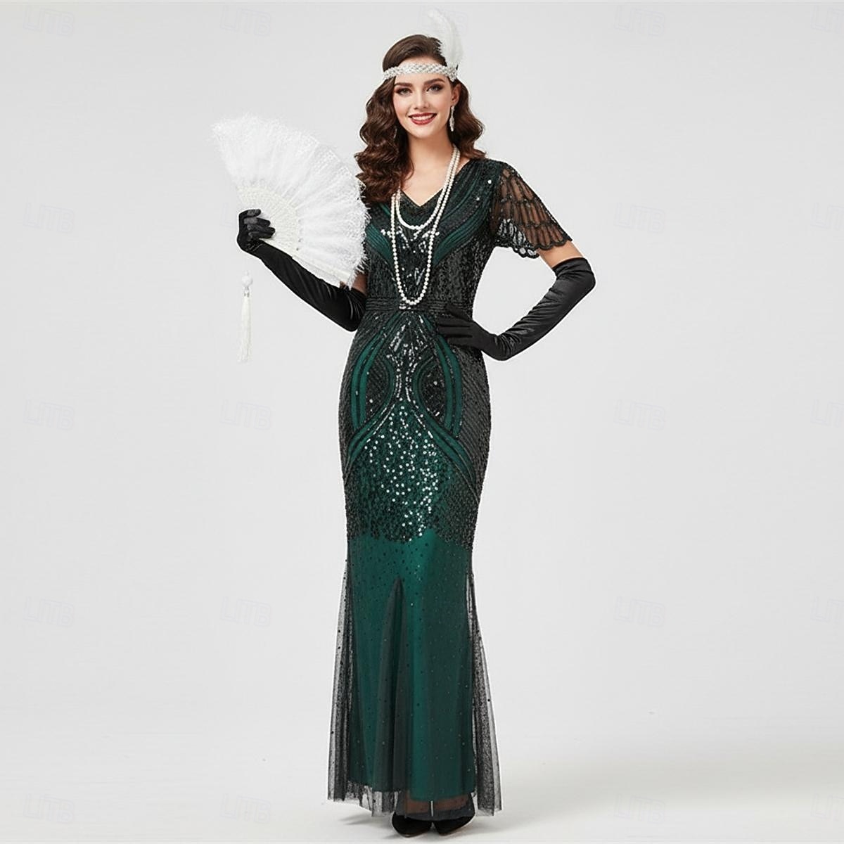 Set Goldene Zwanziger 1920er Knöchellänge Lange Länge Kleid Abendkleid Outfits mit Zubehör Illusionsärmel Kurze Ärmel Der große Gatsby Hochzeitsgast Pailletten Pailletten Halloween V Ausschnitt Kostüm 2026 - $89.99 –P7