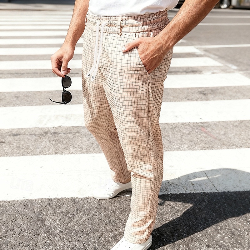Men's Trousers Casual Pants Drawstring Pocket Elastic Waist Plaid Comfort Soft Outdoor Daily Holiday Fashion Classic Style Dark Khaki Light Khaki Micro-elastic 2026 - $24.99 –P12