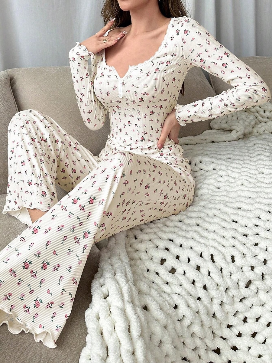 Dame Pyjamas Sett Fritid Komfort Blomstret Elastisk midje Bukse Hjem Daglig Langermet U-hals Hvit Gul Rosa Lilla Vår Høst Normal 2026 - $21.99 –P2