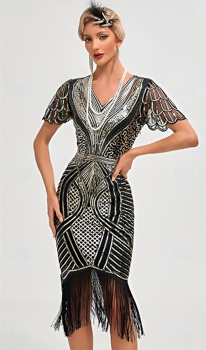 Goldene Zwanziger 1920er Knielang Flapper Kleid Kurze Ärmel Der große Gatsby Flapper-Mädchen Pailletten Fransen V Ausschnitt Kostüm Damen Weihnachten Karneval Abendgesellschaft Flüsterkneipe Maskerade 2026 - $47.99 –P8