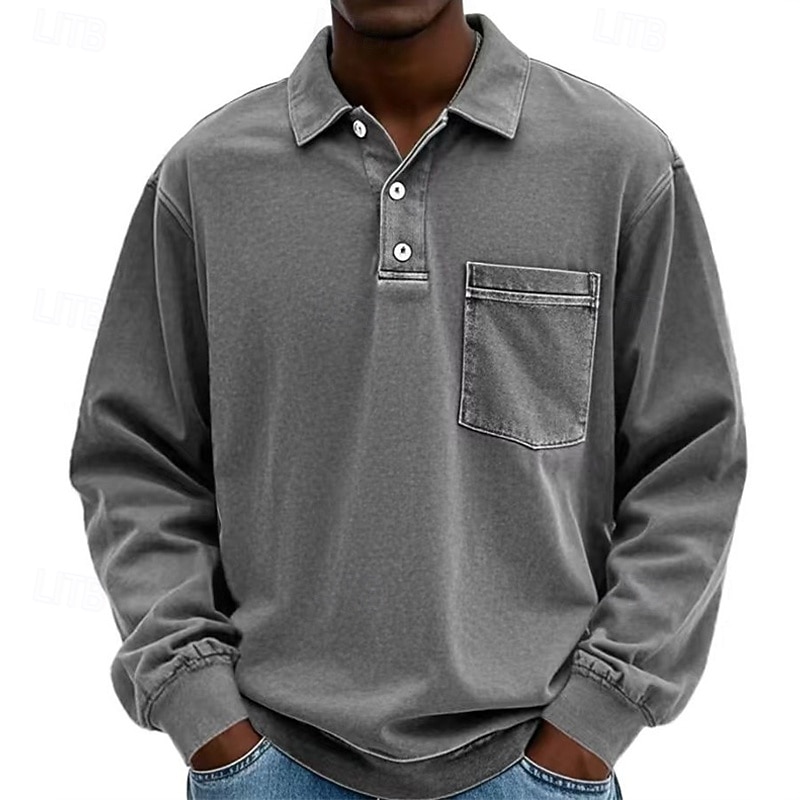 Herren Poloshirts Golfshirt Lässig Straße Revers Langarm Basic Modern Einfach Tasche Knöpfe Frühling Herbst Normale Passform Violett Marineblau Fuchsie Khaki Armeegrün Grau Poloshirts 2026 - $31.99 –P9