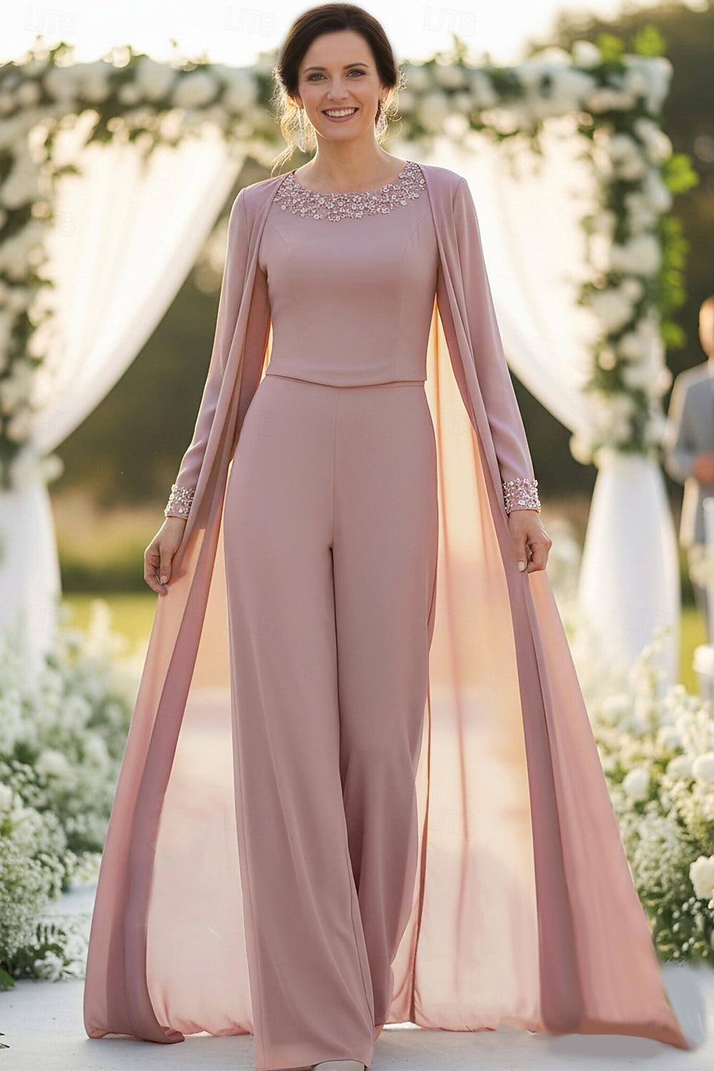 3 Piece Pantsuit Floor Length Mother of the Bride Dress Sleeveless Long Sleeve Crew Neck Elegant Formal Wedding Guest Chiffon Satin with Pleats Beading 2026 - $195.99 –P1