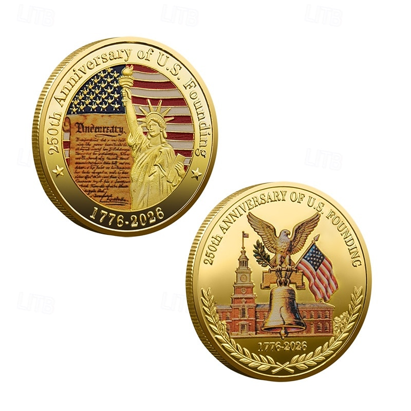 250th Anniversary Commemorative Coins - Golden American Flag & Liberty Bell Design Collectible Coins, Durable Metal Anniversary Coins for Display, Collectors Patriotic Semiquincentennial 2026 - $15.99 –P5