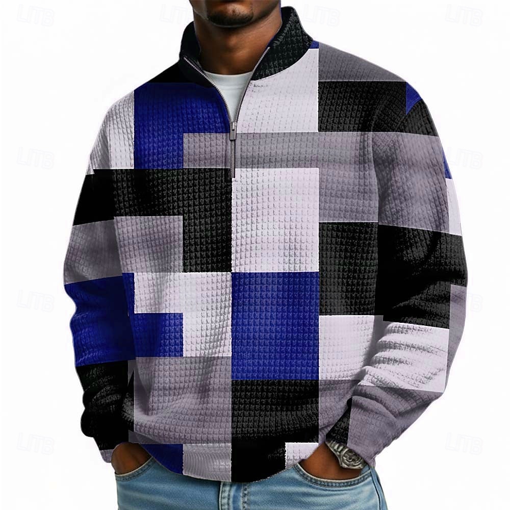 Per uomo Geometrico Plaid Felpa Moda Quotidiano Classico Casual Collo alla coreana Zip a un quarto All'aperto Casa Ufficio Lavoro Blu azzurro cielo Rosso Grigio Con zip Autunno Inverno progettista S del 2026 a $28.99 –P2