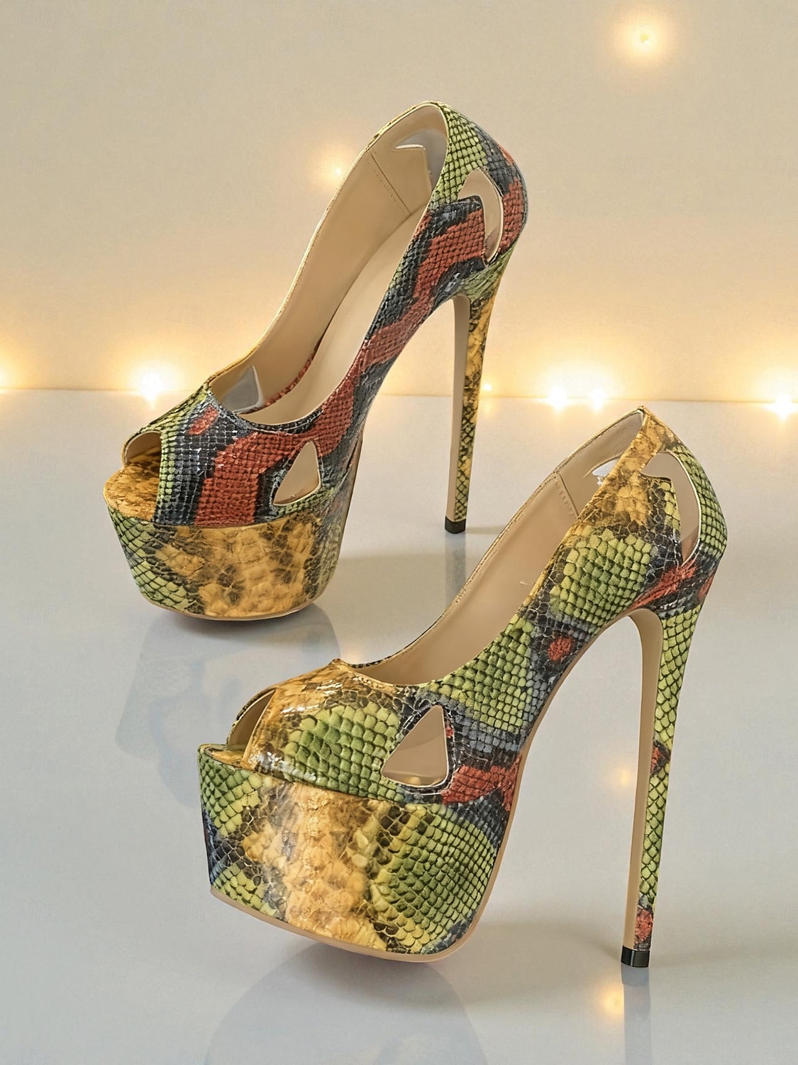 Zapatos de tacón de aguja con plataforma y punta abierta con estampado de serpiente para mujer: zapatos de tacón alto llamativos para salir de noche y ir a discotecas. &atuendos de noche 2026 - $54.99 –P1