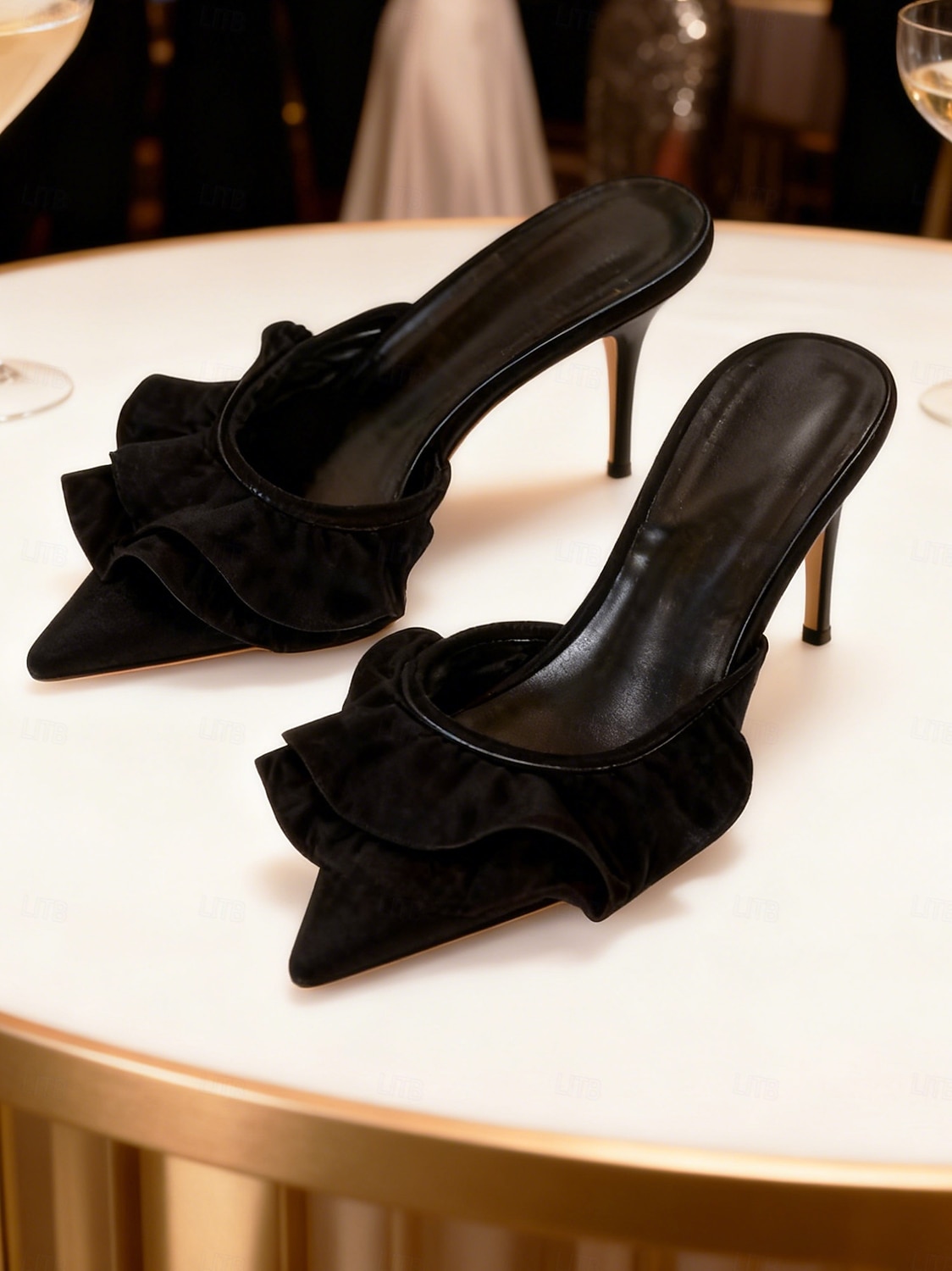 Women's Light Blue Ruffle Pointed-Toe Stiletto Mules - Elegant Faux ...