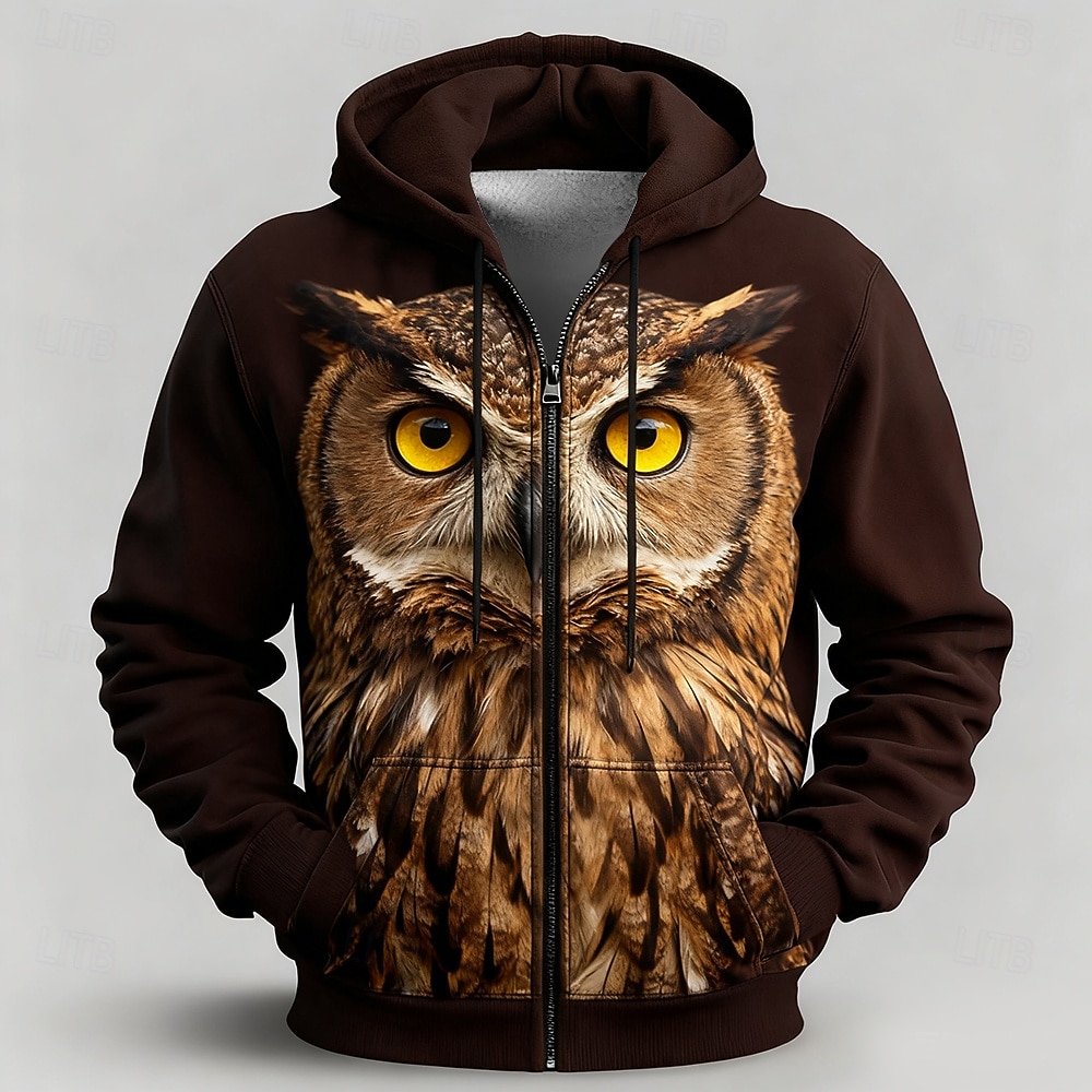 Homme Chouette Rhinocéron Sweat à capuche Veste Sweatshirt Fantaisie Imprimé sur toute la surface manche longue Fermeture éclair Vêtements de rue Vacances Sortir Marron Gris Fermeture éclair Automne de 2026 ? $28.99 –P2
