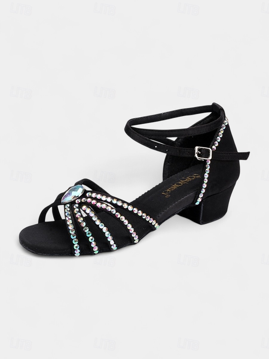 Girls' Satin Rhinestone Latin Dance Shoes - Sparkly Strappy Peep Toe Ballroom Sandals for Kids and Teens, Ideal for Professional Dance Training and Competitions 2026 - $34.99 –P1