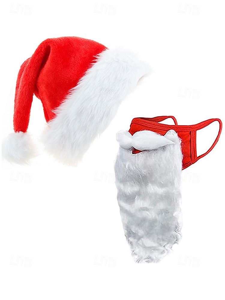 Мужской рождественский комплект из шапки Санты и маски с бородой, красная плюшевая шапка с белым мехом, удобная маска для лица, аксессуар для праздничного костюма для рождественских вечеринок и праздничных мероприятий 2026 - $11.99 –P9