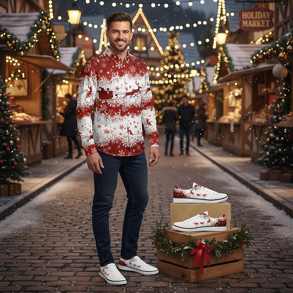 Sneakers da uomo con stampa natalizia - auguri di buon Natale con fiocchi di neve scintillanti, scarpe casual in tela per viaggi di vacanza, riunioni di famiglia ed eventi natalizi del 2026 a $42.99 –P3