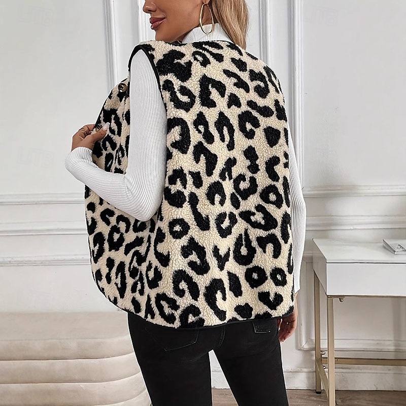 Damskie Kamizelka Zatrzymujący ciepło Wygodny Kolorowy blok Guziki Moda Codzienny Panterka Urlop Ulica Codzienny Dzienne zużycie Regularny Wycięcie pod szyją Regularny Bez rękawów Odzież wierzchnia 2026 - $32.99 –P4