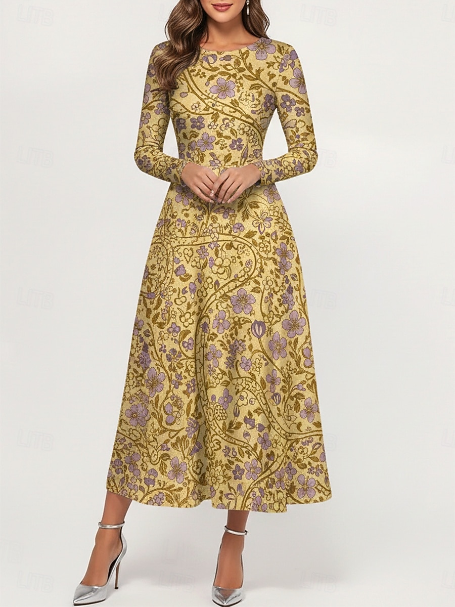 Women's Midi Dress Casual Dress Swing Dress Elegant Fashion Daily Outdoor Weekend Regular Fit Floral Long Sleeve Crew Neck Blue Yellow Green Spring Fall Winter Autumn 2026 - $37.99 –P2