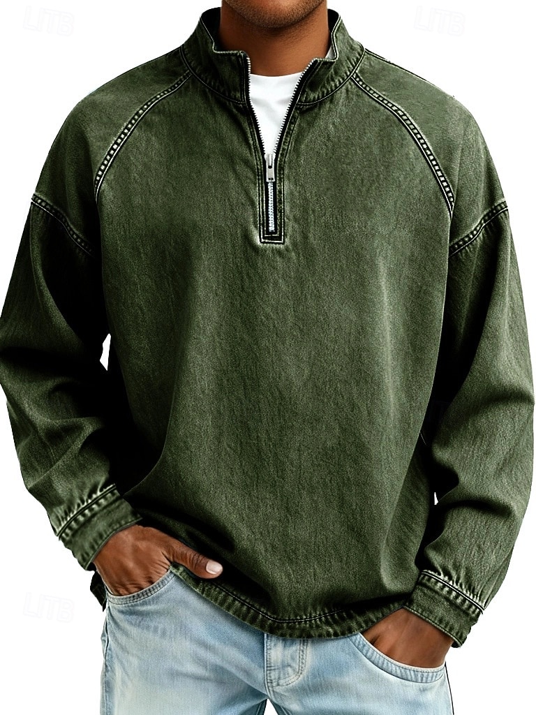 Herren Hemd aus 100 % Baumwolle in Säurewaschung T-Shirt Langarm Stehkragen Frühling Herbst Herbst Winter Einfach Vintage Streetwear Lässig Reißverschluss Basic Lässig Heim Straße Schwarz Rosa 2026 - $31.99 –P6