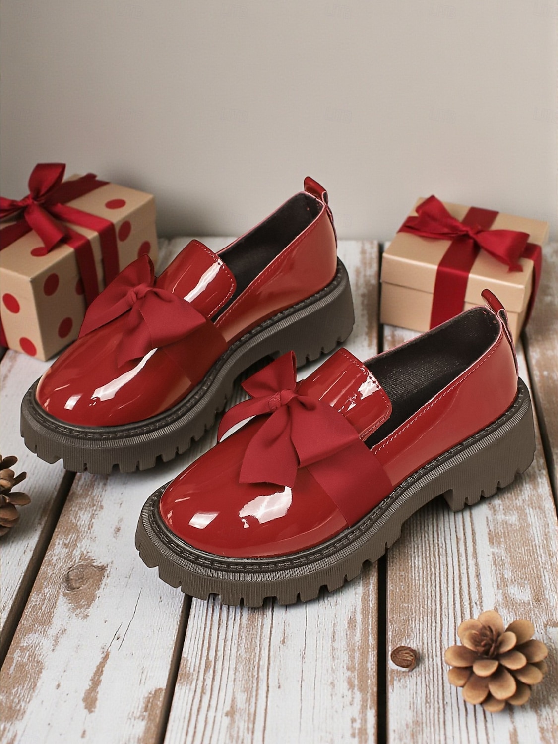 Kvinners burgunder patent lær slip-on loafere med bue – Chunky plattformsko uformelle utflukter daglig bruk og juletider 2026 - $24.99 –P1